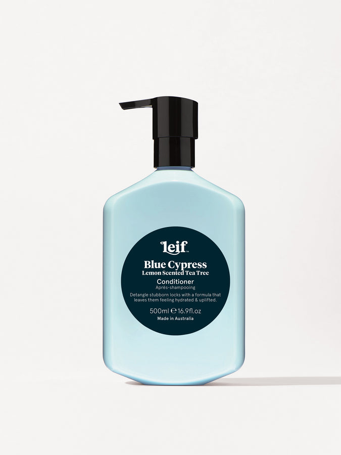 Leif Products. Blue Cypress Conditioner. Lemon Scented Tea Tree and Eucalyptus add a crisp fresh scent. Detangle stubborn locks with a formula that leaves them feeling hydrated and uplifted. 500ml Bottle.