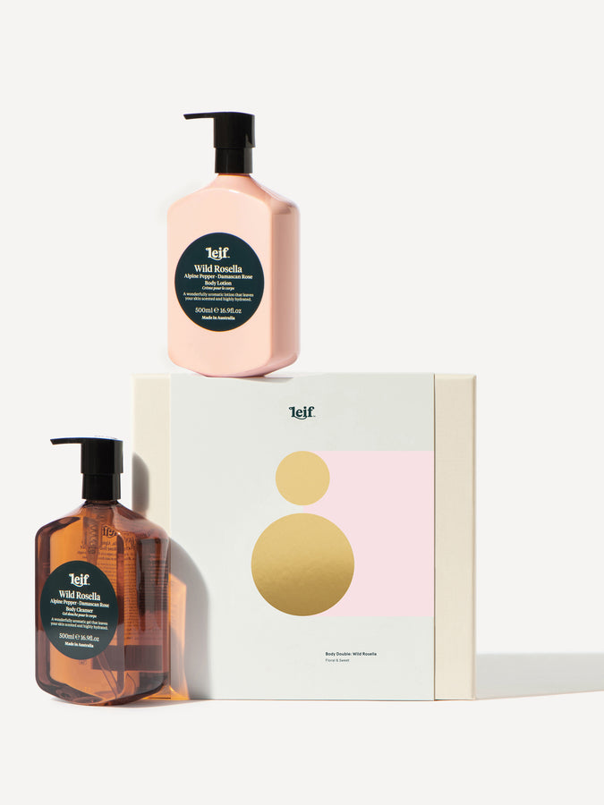 Leif Products Wild Rosella Body Lotion and Cleanser Gift Set. Notes of Alpine Pepper and Damascan Rose. 500ml Bottles. 