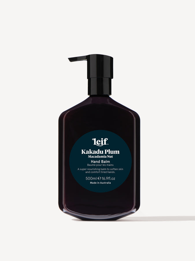 Leif Products. Kakadu Plum Hand Balm. Buttery & Comforting scent with a note of Macadamia Nut. Super nourishing bam to soften skin and comfort tired hands. 500ml Bottle.