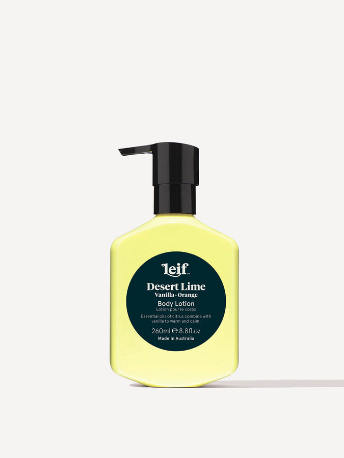 Leif Products. Desert Lime Body Lotion. Citrus & Sunny scent with notes of Vanilla and Orange. Essential oils of citrus combine with vanilla to warm and calm. 260ml Bottle.