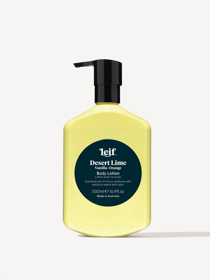 Leif Products. Desert Lime Body Lotion. Citrus & Sunny scent with notes of Vanilla and Orange. Essential oils of citrus combine with vanilla to warm and calm. 500ml Bottle.