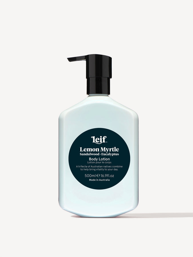 Leif Products. Lemon Myrtle Body Lotion. Warm & Healing scent with notes of Sandalwood and Eucalyptus. A trifecta of Australian natives combine to help bring vitality to your day. 500ml Bottle.