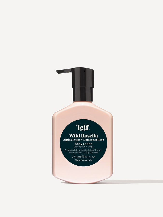 Leif Products. Wild Rosella Body Lotion. Floral & Sweet scent with notes of Alpine Pepper and Damascan Rose. Wonderfully aromatic gel that will leave your skin softly scented. 260ml Bottle.