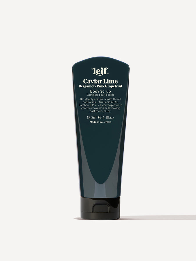 Leif Products. Caviar Lime Body Scrub. Awakening & Invigorating scent with notes of Bergamot and Pink Grapefruit. 180ml tube.