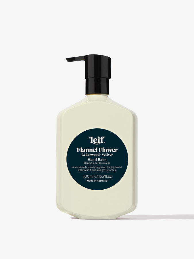 Leif Products Flannel Flower Hand Balm in off white 500ml bottle with pump.