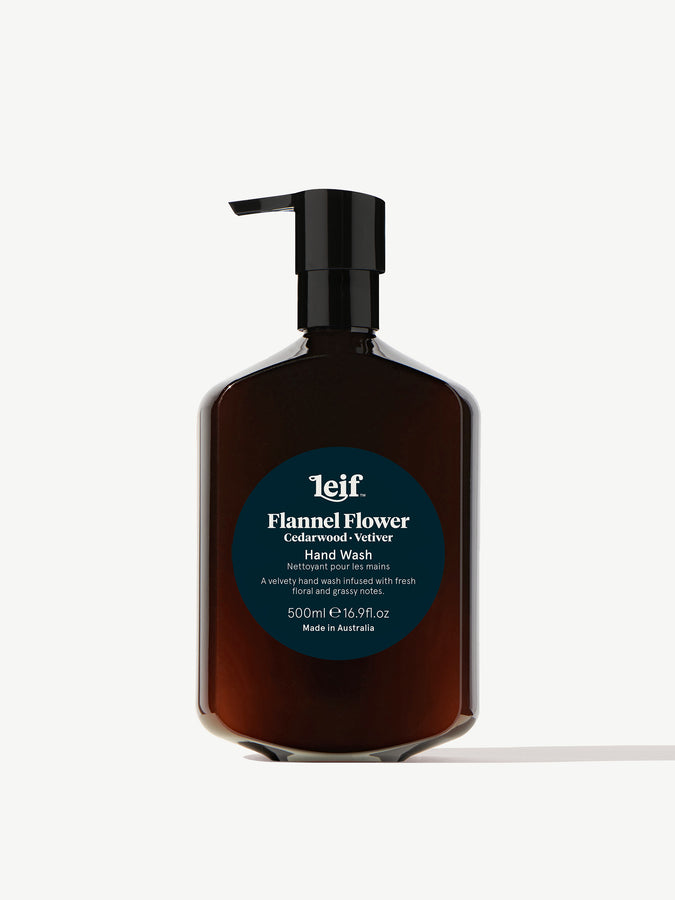Leif Products Flannel Flower Hand Wash 500ml brown bottle with pump for dispensing.