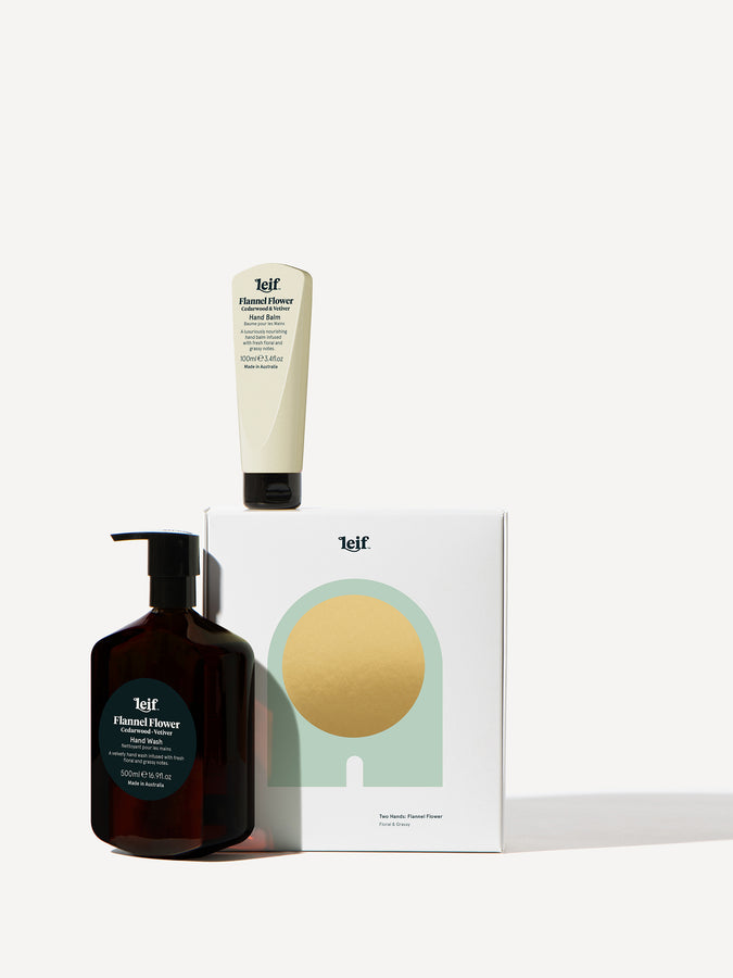 Leif Products Two Hands Flannel Flower SML gift set, with 500ml Hand Wash and 100ml Hand Balm. Paired together with a gift box.