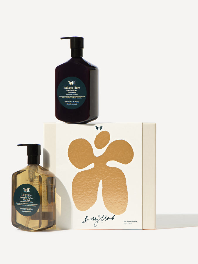 500mL Bottle of Lillypilly Hands Wash and 500mL bottle of Kakadu Hand Balm Combined in a Limited Edition Gift Set by Bobby Clark & Leif Products.