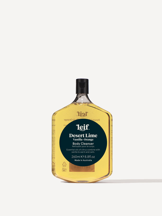 Leif Products. Desert Lime Body Cleanser. Citrus & Sunny scent with notes of Vanilla and Orange. Essential oils of citrus combine with vanilla to warm and calm. 260ml Bottle.
