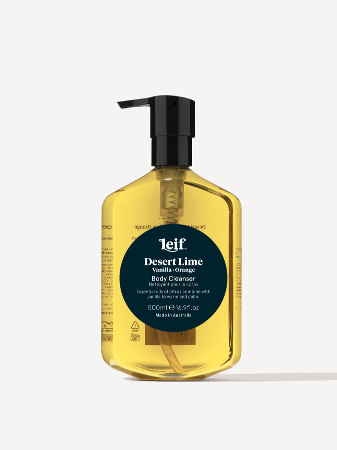 Leif Products. Desert Lime Body Cleanser. Citrus & Sunny scent with notes of Vanilla and Orange. Essential oils of citrus combine with vanilla to warm and calm. 500ml Bottle.