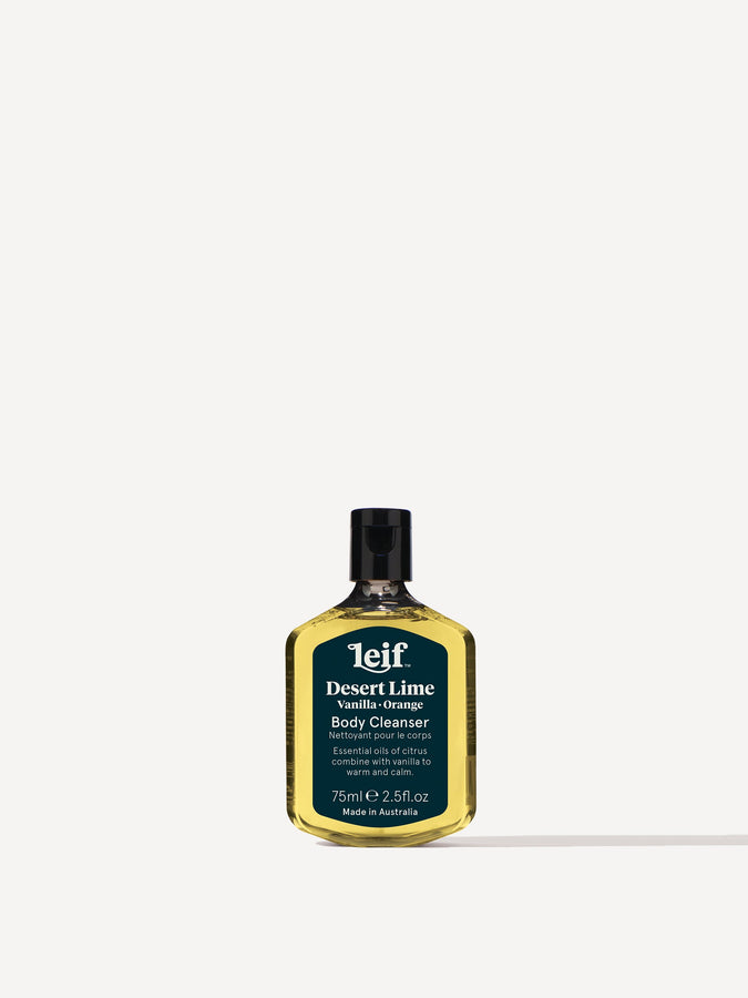 Leif Products. Desert Lime Body Cleanser. Citrus & Sunny scent with notes of Vanilla and Orange. Essential oils of citrus combine with vanilla to warm and calm. 75ml Bottle.