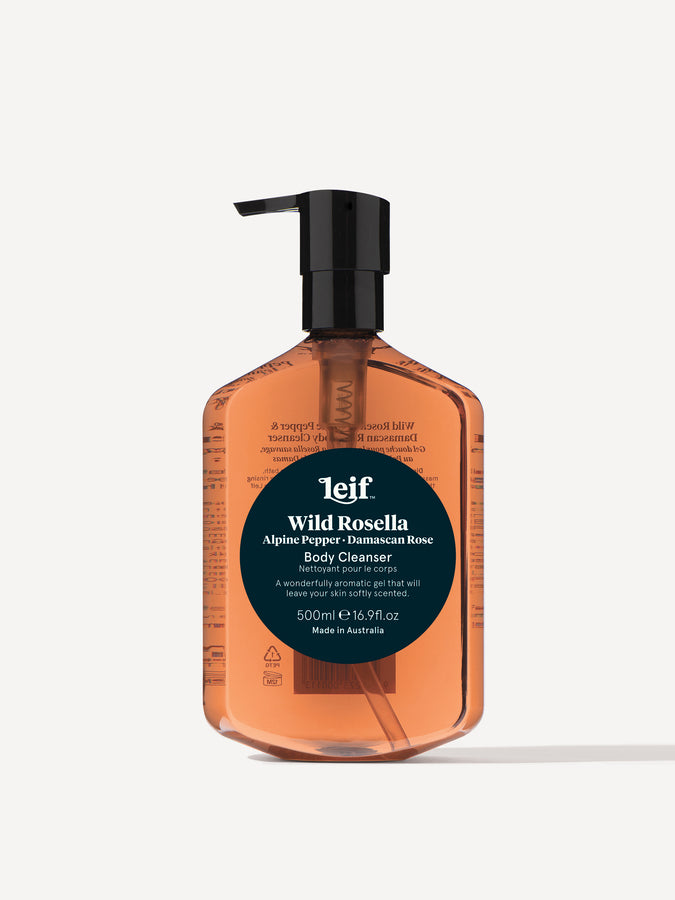 Leif Products. Wild Rosella Body Cleanser. Floral & Sweet scent with notes of Alpine Pepper and Damascan Rose. Wonderfully aromatic gel that will leave your skin softly scented. 500ml Bottle.