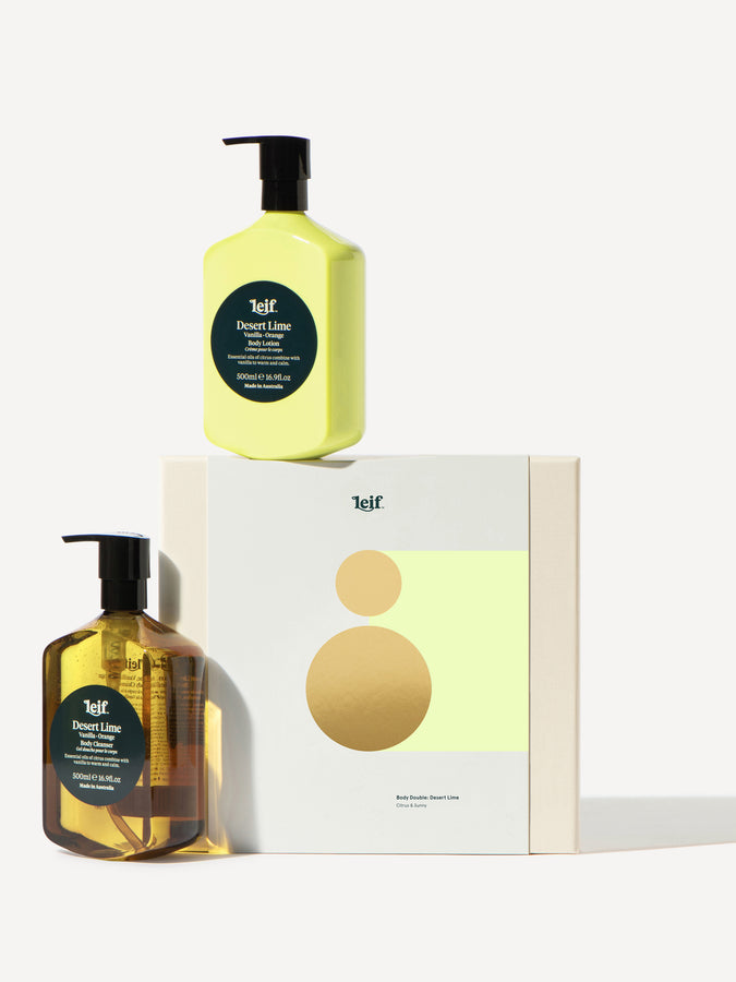 Leif Products Desert Lime Body Lotion and Cleanser Gift Set. Notes of Vanilla and Orange. 500ml Bottle. 