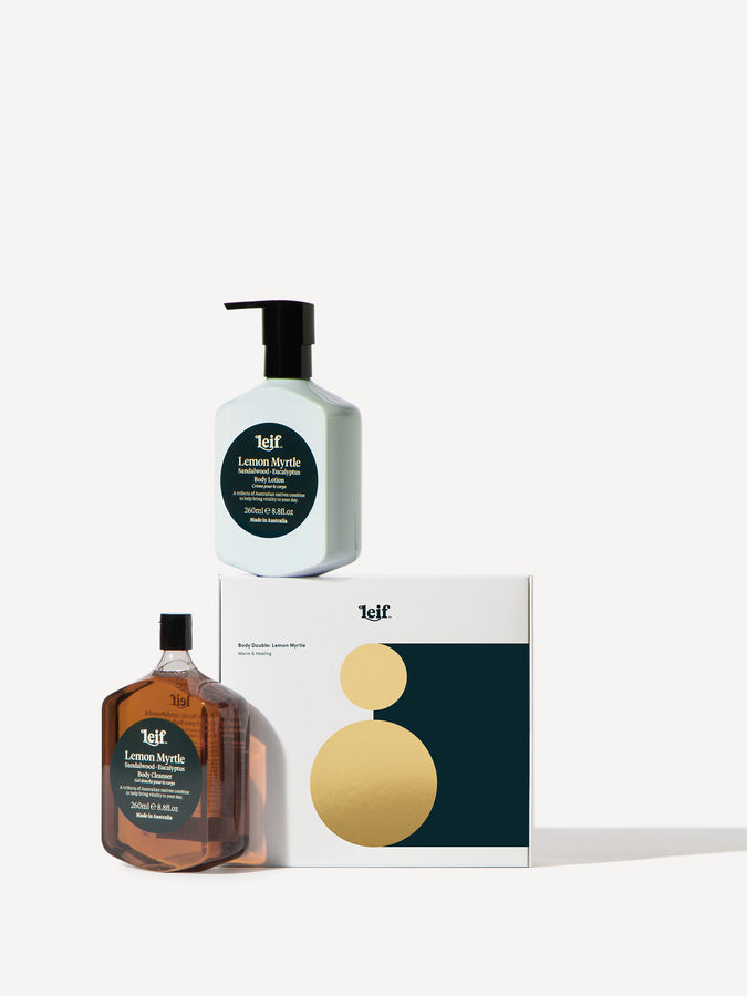Leif Products Lemon Myrtle Body Lotion and Cleanser Gift Set. Notes of Sandalwood and Eucalyptus. 260ml Bottles. 
