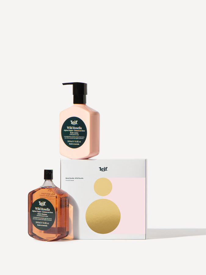 Leif Products Wild Rosella Body Lotion and Cleanser Gift Set. Notes of Alpine Pepper and Damascan Rose. 260ml Bottles. 