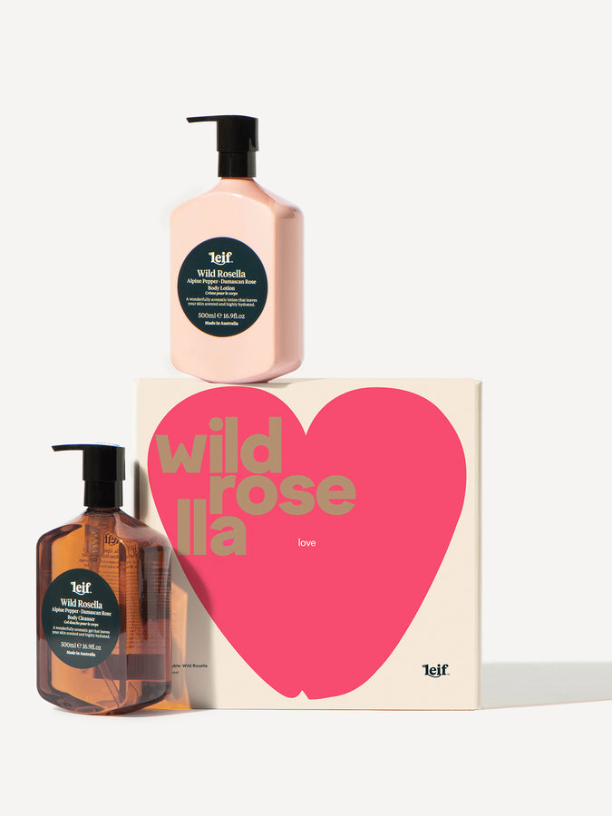  Leif Products Wild Rosella Body Lotion and Cleanser Gift Set. Notes of Alpine Pepper and Damascan Rose. 500ml Bottles. Comes in a Limited Edition LOVE Gift Box.