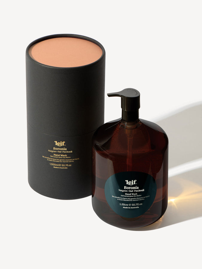 Leif Products. Boronia Hand Wash. Notes of Nutgrass, Oud and Patchouli. 1.5 Litre Bottle.