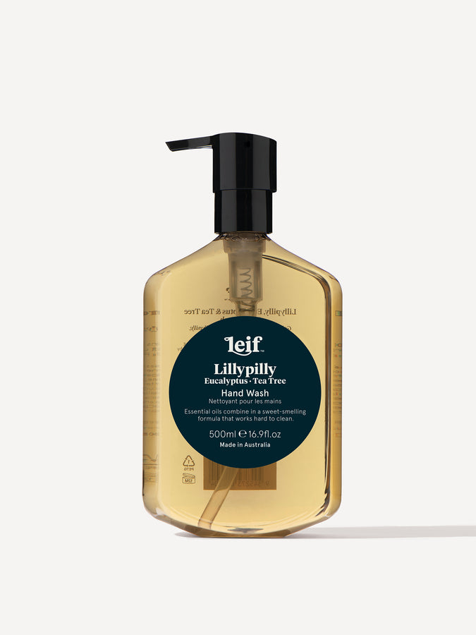 Leif Products. Lillypilly Hand Wash. Green & Clean scent with notes of Eucalyptus and Tea Tree. Essential oils combine in a sweet-smelling formula that works hard to clean. 500ml Bottle.