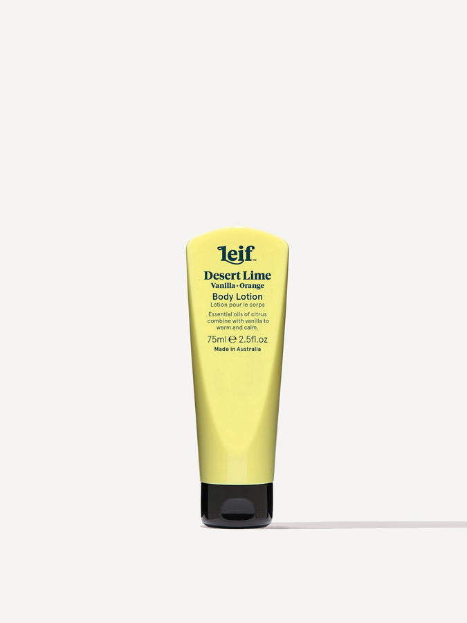 Leif Products. Desert Lime Body Lotion. Citrus & Sunny scent with notes of Vanilla and Orange. Essential oils of citrus combine with vanilla to warm and calm. 75ml Tube.