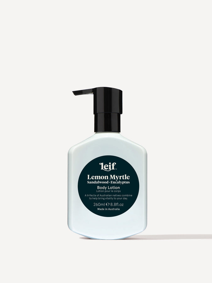 Leif Products. Lemon Myrtle Body Lotion. Warm & Healing scent with notes of Sandalwood and Eucalyptus. A trifecta of Australian natives combine to help bring vitality to your day. 260ml Bottle.
