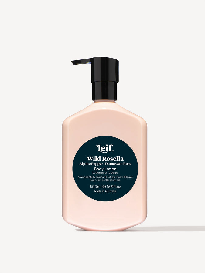 Leif Products. Wild Rosella Body Lotion. Floral & Sweet scent with notes of Alpine Pepper and Damascan Rose. Wonderfully aromatic gel that will leave your skin softly scented. 500ml Bottle.