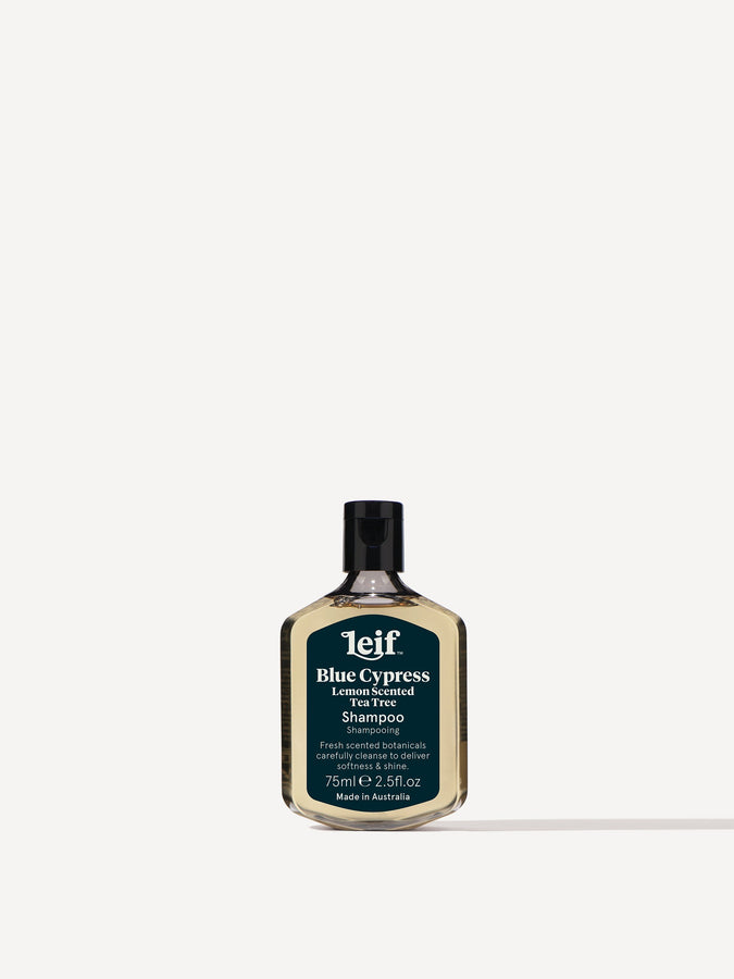 Leif Products. Blue Cypress Shampoo. Lemon Scented Tea Tree and Eucalyptus add a crisp fresh scent.  Fresh scented botanicals carefully cleanse hair and scalp to deliver softness and shine. 75ml Bottle.