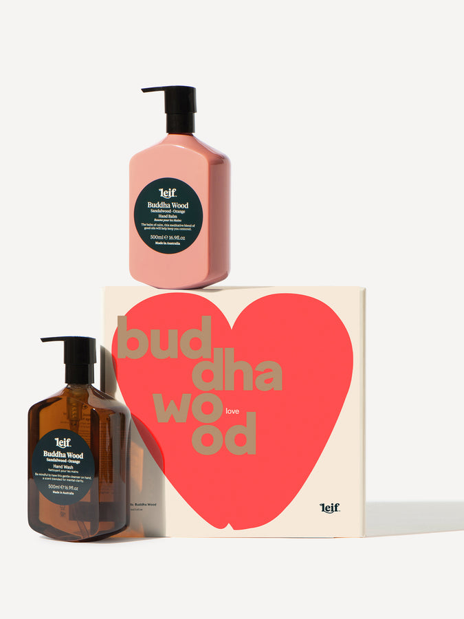 Leif Products. Buddha Wood Hand Wash and Hand Balm Gift Set. Smoky & Meditative scent with notes of Sandalwood and Orange. 500ml Bottles. Comes in a Limited Edition LOVE Gift Box.